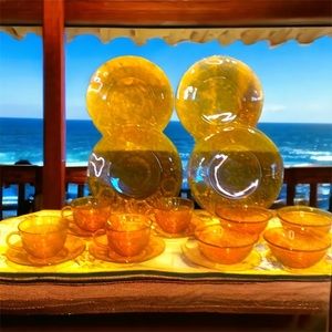 Indiana starburst amber glass lunch plate bowl saucer and cup. Complete set